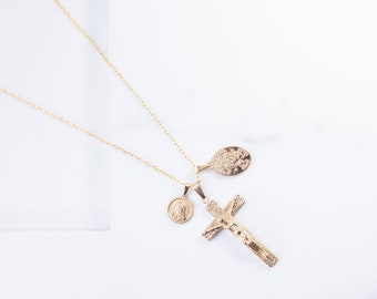 Jesus Necklace / Virgin Mary Necklace / Gold Cross Necklace / Miraculous Medal Pendant Necklace / Religious Jewelry / Layering Necklace