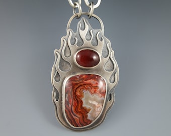 Crazy Lace Agate Necklace, Carnelian Necklace, Pierced Fire Necklace, One of a kind, Big Necklace, Metalsmith, Handforged Chain