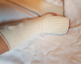 Lambswool mix fingerless mittens / gloves long festival warm arms upcycled zero waste clothing