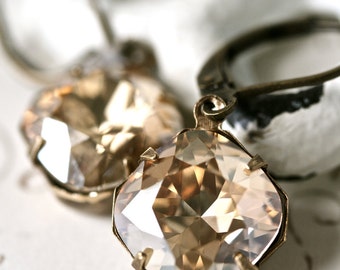 Champagne Swarovski Crystal Earrings, Champagne Earrings, Cushion Cut Earrings