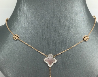 14K Rose Gold Natural Genuine Diamond and Mother of Pearl Flower Charm Necklace