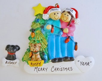Couple with Custom Pet Dog/Cat Personalized Christmas Ornament - Personalized Couple Ornament with Custom Dog or Cat Added