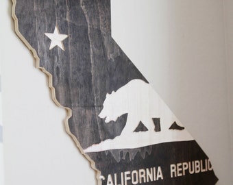 Stained California Cutout with California State Flag Engraved