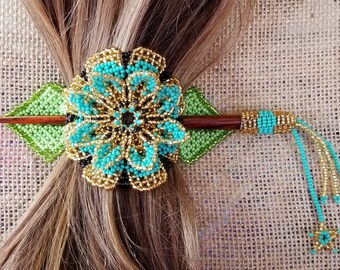 Flower Hair Pony tail holder barrett stick beaded