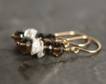Smokey topaz earrings, smokey topaz jewelry, keshi pearl earrings, topaz pearl drop earrings, November birthstone gift, gold fill ear wires