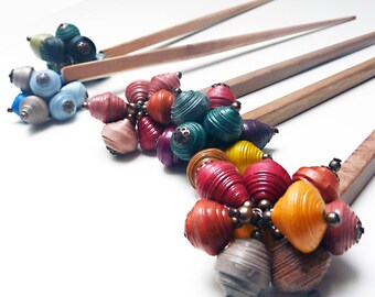 Lokta hair stick. Fair trade paper and wood.