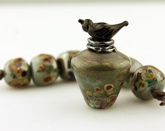 Lampwork Glass Beads Set SRA Sheila Davis Artisan Organic Green Brown with Black Bird