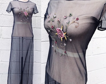 Vintage Embroidered Mesh Dress. Sheer Maxi Mesh Dress. Floral Embroidered Grunge Dress.