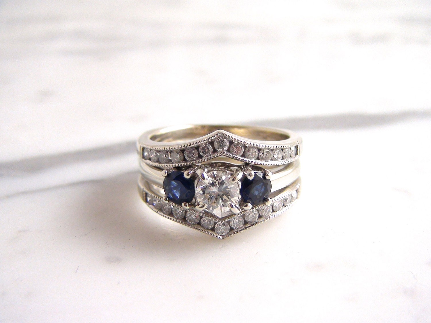 Vintage Diamond and Sapphire Engagement Ring 5K White Gold/