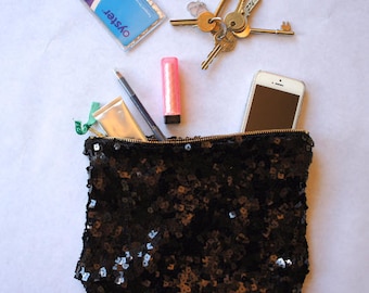 Sequin Evening Clutch Bag Party zipper pouch Black