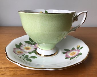 Royal Standard Vintage Tea Cup and Saucer, Purple Flower Green Teacup and Saucer, Bone China, Birthday Gift Idea