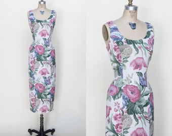 1990s Floral Wiggle Dress /// Vintage Dress Medium