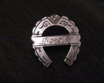 Antique Victorian era Dorothy lucky horseshoe brooch circa 1900s . Vintage Good Luck Brooch Sterling silver name pin
