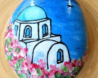Hand Painted Stones,Greek Islands, sea, Home Decor,Painted Rock, Pebble, Acrylics, Summer Garden Decoration