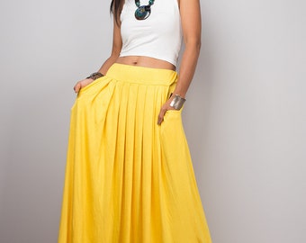 Long Yellow Maxi Skirt, Handmade full skirt with pockets, High-waist women's summer skirt, pleated plus size skirt