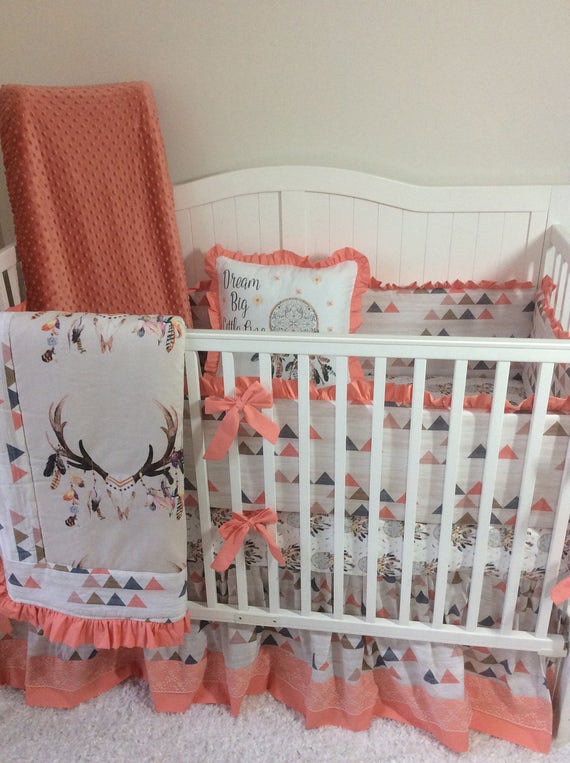 Baby Girl Crib Bedding Set Peach Coral Tan Blue Boho Feather