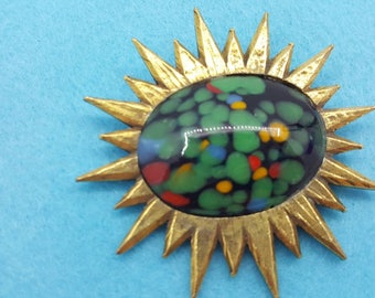 Starburst Art glass Brooch signed Jeanne Large Colorful Mid Century Modern