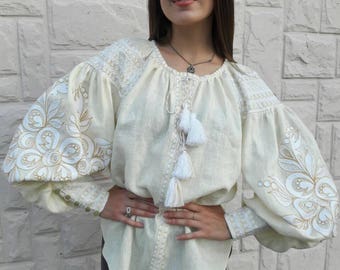 Beige vyshyvanka blouse of 100% linen with Ukrainain floral embroidery - boho ethnic folkloric - vita bohemian peasant top shirt