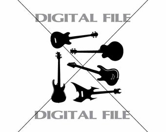 Five Bass Guitars Vector Clipart Vinyl Decal T-shirt Digital Cutting Files ,Svg File, Ai, Eps, PNG