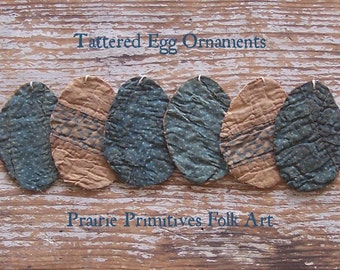 6 SMALL Rustic Egg Ornaments, Primitive Antique Quilt Eggs, Tattered Eggs, Farmhouse Easter Decor, Blue & White Polkadots - READY to SHIP