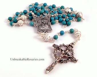 Rosary Beads Virgin and Child In Turquoise and White Magnesite With Nail Crucifix by Unbreakable Rosaries