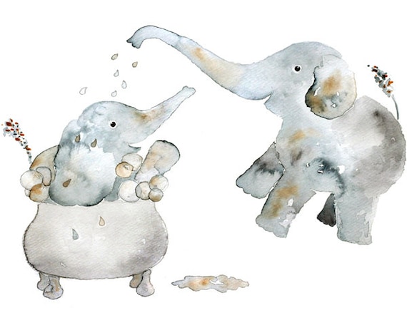 Children s Art  Watercolor Elephant  Bathroom  Art  Kids