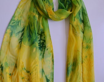Silk scarf with bamboo designs in green and yellow