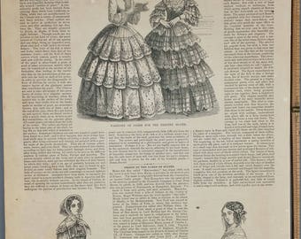 Fashions for the Month of March 1854. Spring Mantilla.Fashion of A Berthe.Origin of the Names of States.Large Antique Engraving, About 11x15