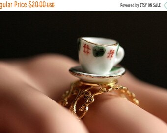 SUMMER SALE Porcelain Teacup Ring. Green and Red Tea Cup Ring. Gold Ring. Miniature Teacup Ring. Gold Filigree Adjustable Ring. Handmade Jew