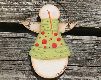 Snowman Angel with green sweater Ornament Cyndi Combs design