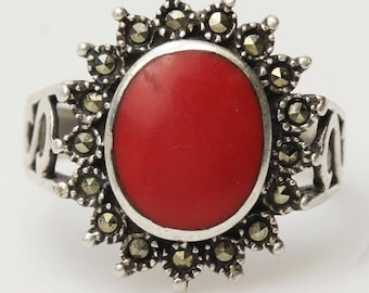 Sterling Silver Red Stone and Marcasite Ring