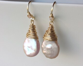 Pink Keshi Pearl Earrings, Pale Pink Pearl Drops, Peach Moonstone Dangle, June Birthstone Earrings