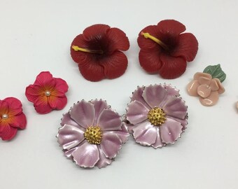 Fun Lot Of Floral/Flower Earrings- Lot Of Earrings- Four Pairs- One Stick & Three Clip-On Earrings- Vintage Earring Lot