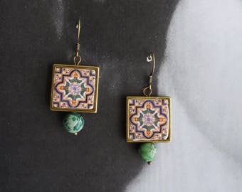 Earrings Tile Portugal Azulejo Antique Portuguese Dangle FRAMED Earrings Jasper Beads -Barcelos 696