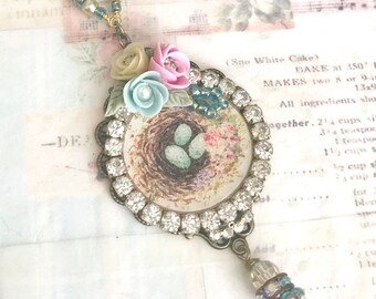 adorable robins nest assemblage necklace with Swarovski crystals handmade porcelain flowers pearls and beads #1034-14