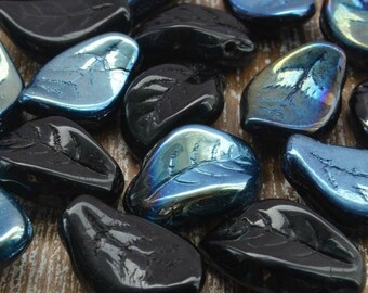 Czech Glass Leaf Beads Black 14mm x 9mm , Czech Glass Leaves, Czech Glass Curved Leaf Beads, Czech Pressed Beads, UK Czech Glass Beads