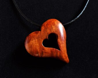 Wood Heart Pendant, Amboyna Burl with Leather Cord