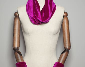 Velvet Cowl and Wrist Warmers Set in Magenta by Megan Crook Textiles