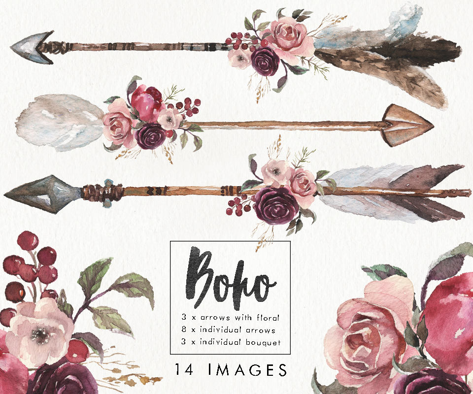 Download Watercolor Boho set 14 imgs arrows & flower bouquets.