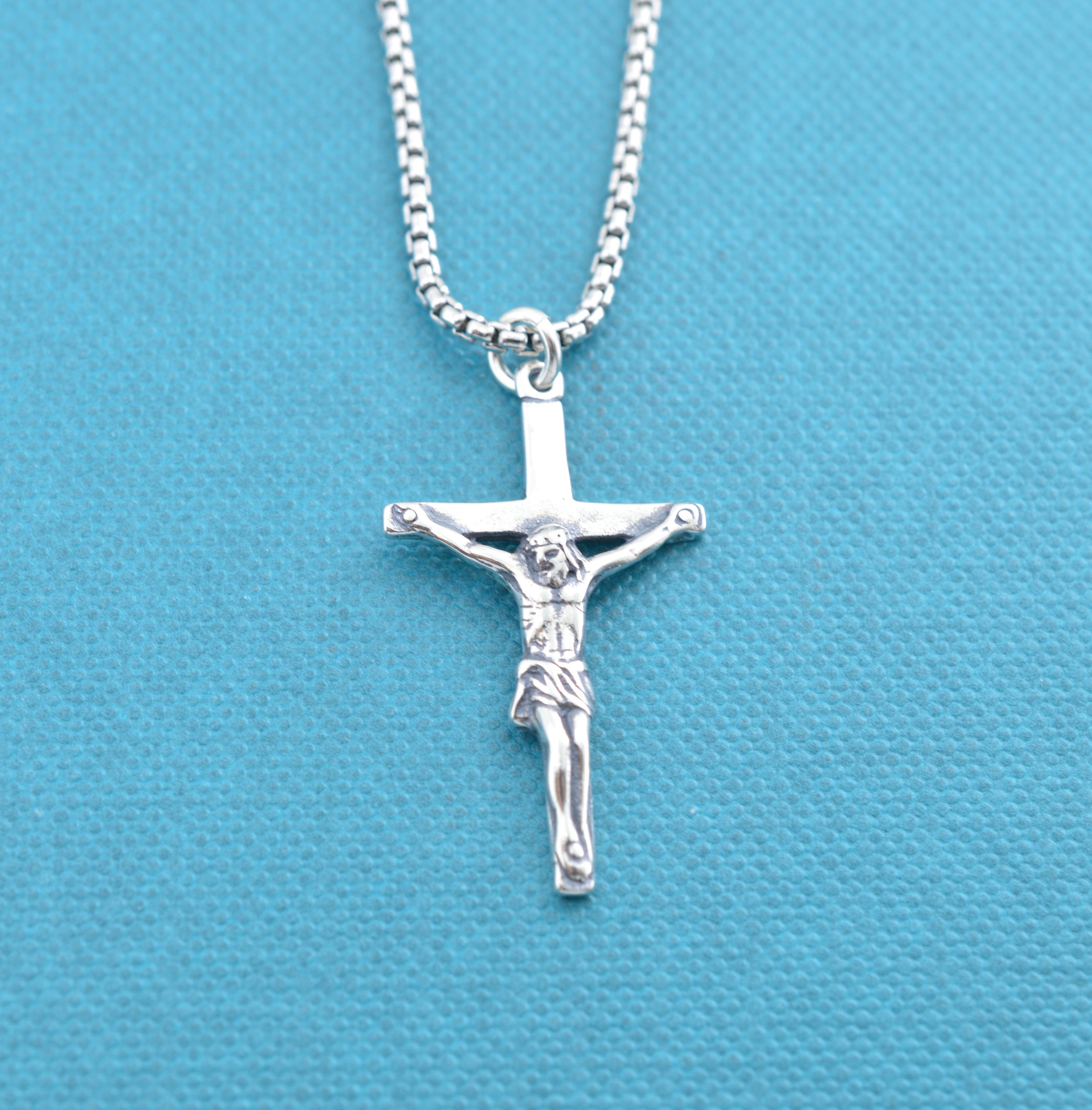 Mens cross necklace in sterling silver on oxidized sterling