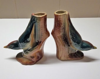 Vintage Pair Bird Vases Bird On Tree Trunk Bud Vases