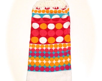 Bright Colors Polka Dot Hand Towel With White Crocheted Top