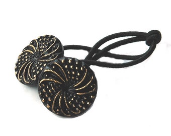 Ponytail Holder Hair Accessory - Swirling Motif in Black and Gold Vintage Glass Buttons