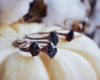 Tibetan quartz ring · black herkimer diamond ring · crystal stacking ring · raw crystal ring · copper electroformed ring · raw mineral ring