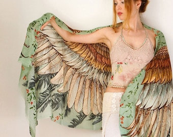 Silk Scarf, Wings Scarf, Bohemian Clothing, Printed Shawl, Women Shawl, Wedding Shawl, Digital Print Sarong, Girlfriend Gift, Women Scarf