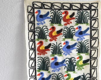south american multicolored wall hanging bird textile embroidery / peruvian