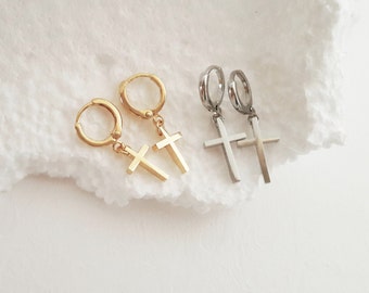 Gold Cross Earrings, Silver Cross Hoop Earrings, X Earrings, Earrings with Cross, Rock Earrings, Baptism Cross, Religious Earrings / E519