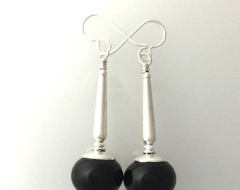 Black LampWork Glass and Sterling Silver Dangle Earrings