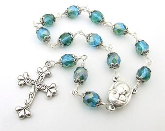 Catholic Rosary Beads - Sea Green Unbreakable One Decade Pocket Catholic Rosary with Holy Land Jerusalem Soil - Catholic Gift