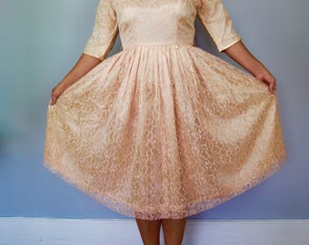 Vintage 50s Blush Lace Tea Length Wedding Dress / Prom Dress